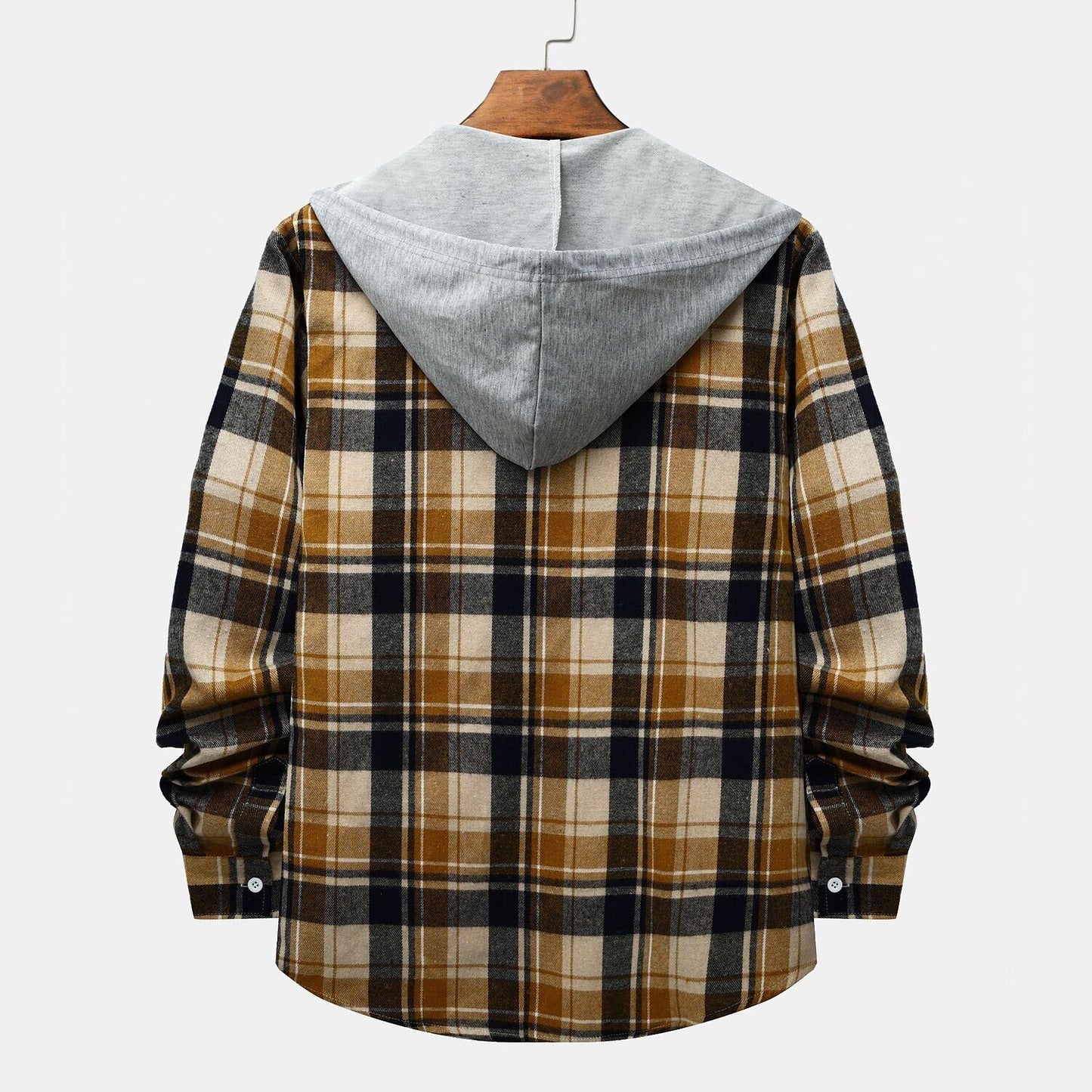 Men's Long Sleeve Flannel Brushed Check Hooded Casual Shirt Green Khaki
