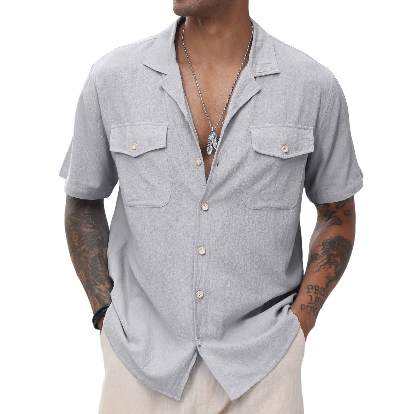 Men's Cuban Linen Shirts Casual Short Sleeve Button Down Shirts Summer Beach Top with Pocket