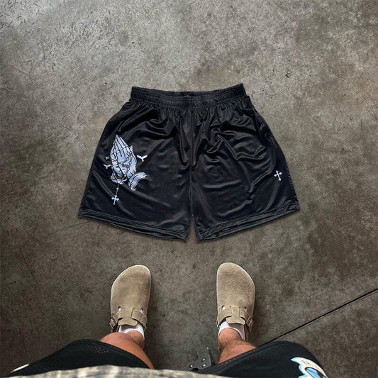 Praying Hands Print Mesh Shorts