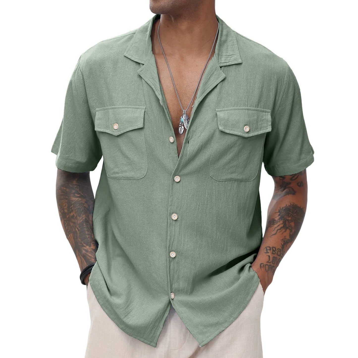 Men's Cuban  Linen Shirts Casual Short Sleeve Button Down Shirts Summer Beach Top with Pocket