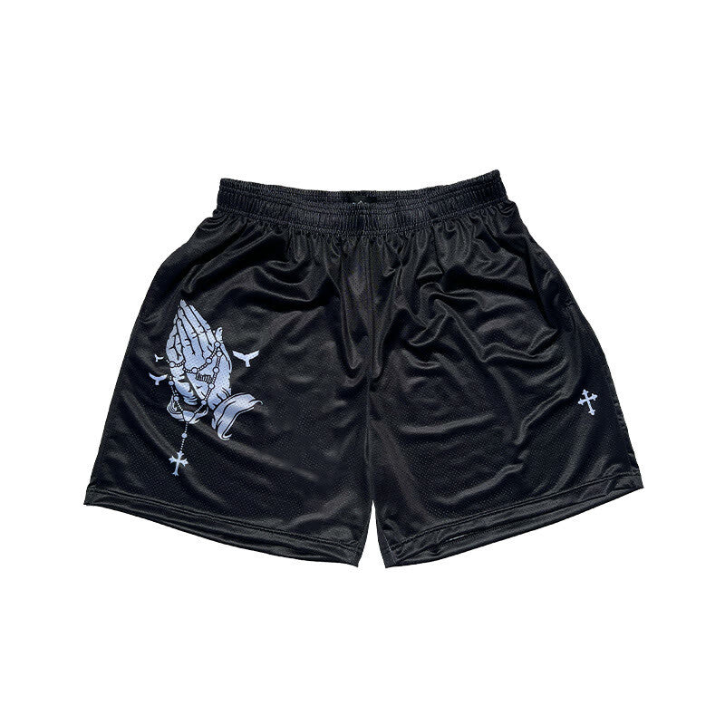 Praying Hands Print Mesh Shorts