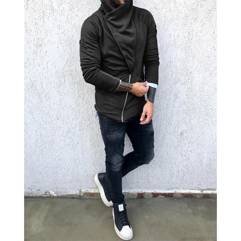 Men's Solid Color Hooded Slim Fit Fleece Diagonal Placket Sweatshirt