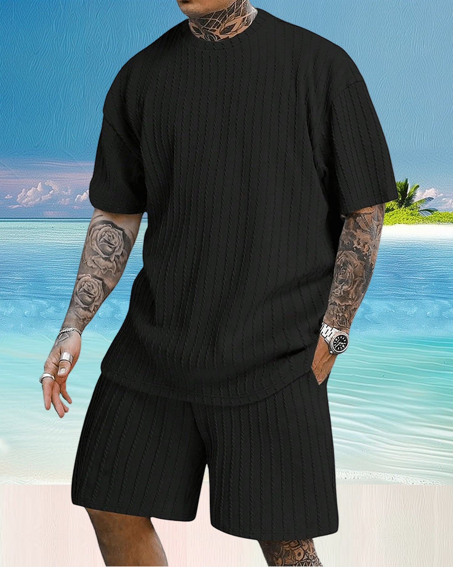 Men's Casual Textured Printed Short Sleeve Tee & Drawstring Waist Shorts Set