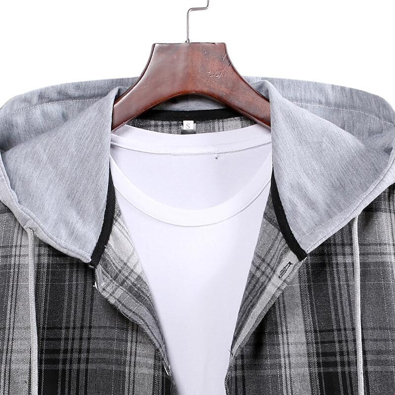 Men's Long Sleeve Check Hooded Casual Shirt Yellow Navy Blue Gray
