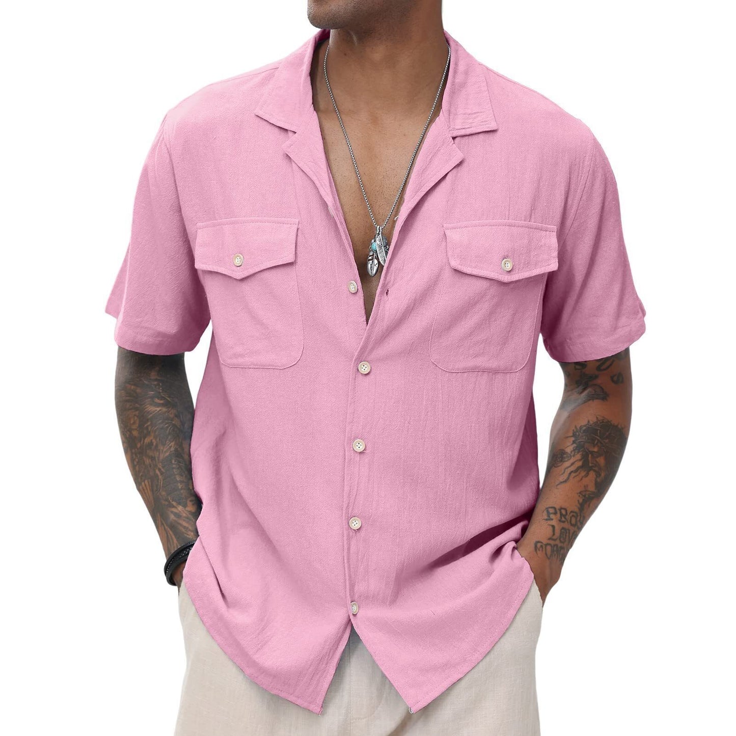 Men's Cuban  Linen Shirts Casual Short Sleeve Button Down Shirts Summer Beach Top with Pocket