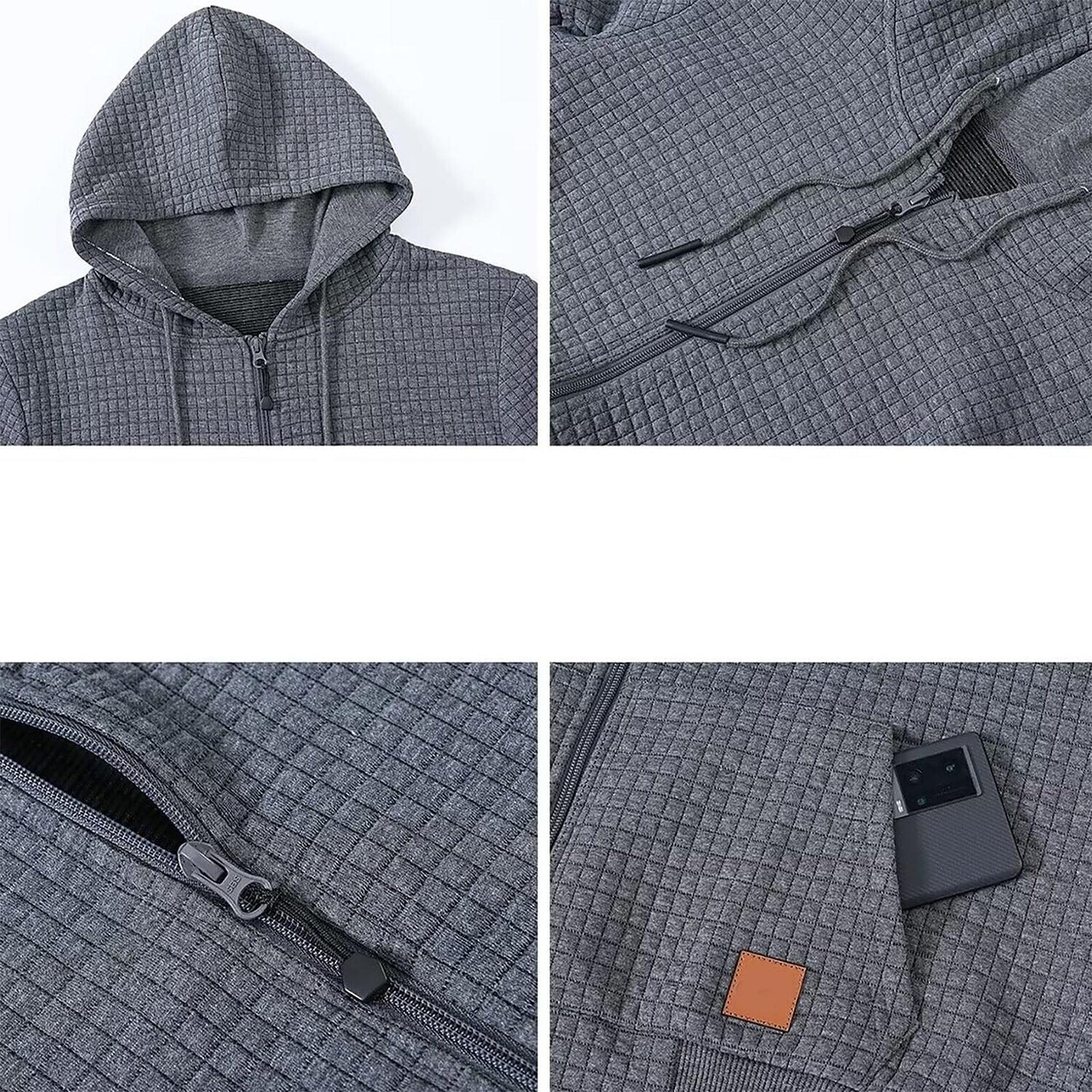 Men's Jacquard Check Solid Color Zip-up Hoodie Sweatshirts