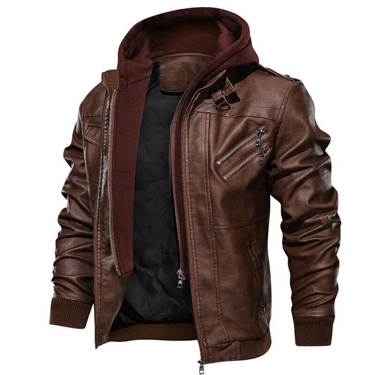 Men's Faux Leather Outdoor Waterproof Solid Color Fake Two Piece Hooded Jacket