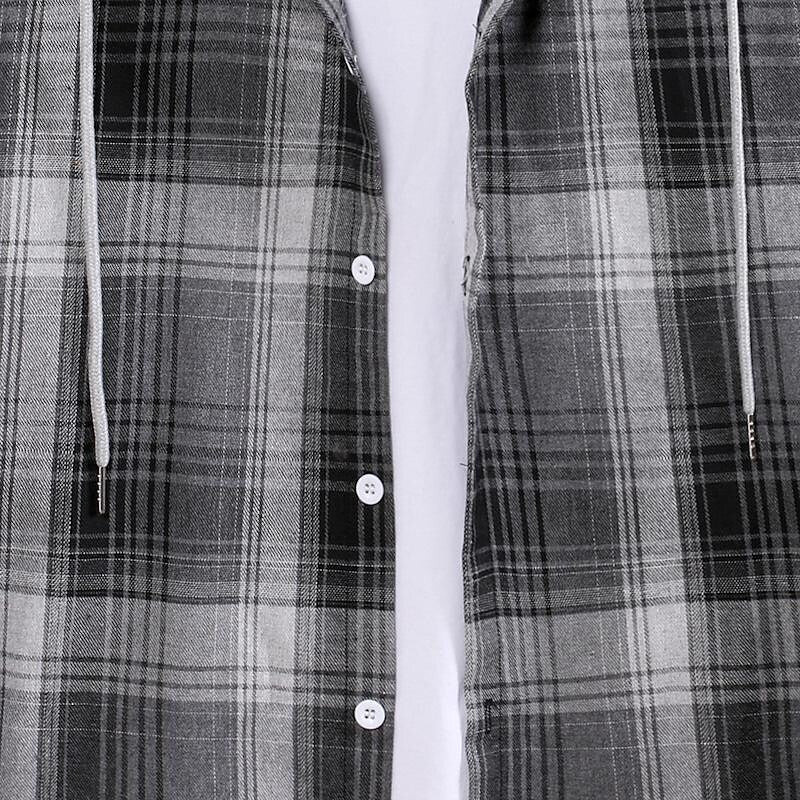 Men's Long Sleeve Check Hooded Casual Shirt Yellow Navy Blue Gray
