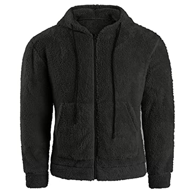 Men's Solid Color Fleece Zip-Up Drawstring Hoodie Sweatshirt
